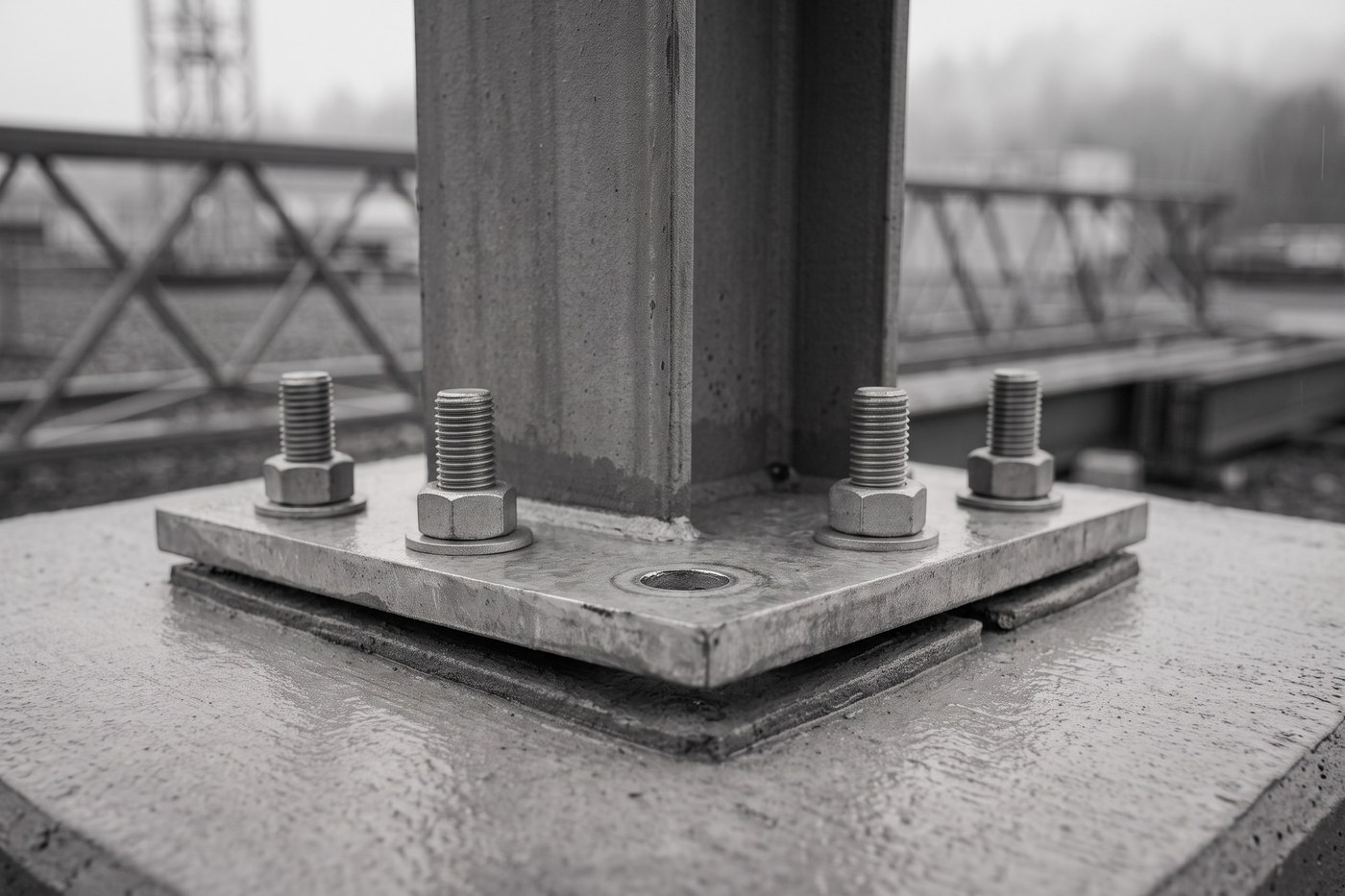 A steel column base plate bolted to a concrete foundation, one anchor bolt position left empty
